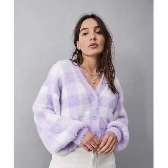 Lazy Oaf Sweaters - Lazy Oaf Unrequited Love Lilac Fuzzy Gingham Cardigan